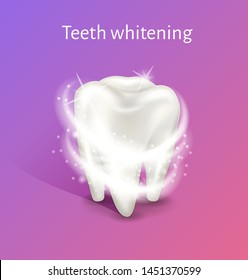 Tooth whitening in realistic 3d vector illustration. White teeth concept with glowing effect.