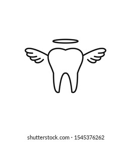 Tooth with wings. Tooth angel.  Outline thin line illustration. Flat icon. Isolated on white background. 