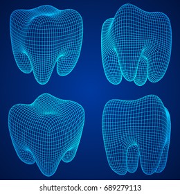 Tooth Wireframe Mesh Set. Connection Structure Vector Illustration. Dental medicine, health concept.