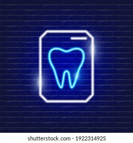 Tooth x-ray neon icon. Sign for dentistry clinic. Orthodontics concept.