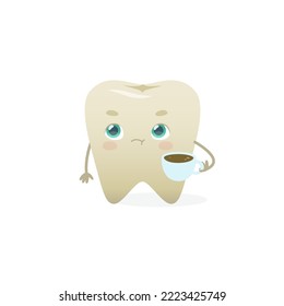 Tooth with yellow enamel turns away from cup of coffee. Cartoon dental mascot with enamel darkening.