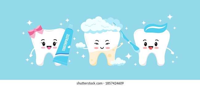 Tooth with yellow plaque becomes white with help of cute tooth girl with toothpaste and boy with toothbrush. Flat design cartoon character vector illustration. Teeth cleaning and whitening concept.