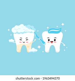 Tooth with yellow plaque becomes white with help of cute tooth boy with toothbrush. Flat design cartoon kawaii character vector illustration. Brush your teeth cleaning and whitening concept.