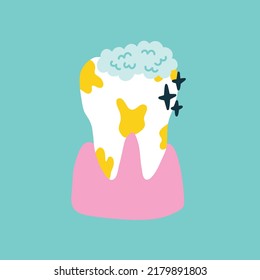 Tooth with yellow plaque in the pink gum. Isolated clipart in doodle, cartoon, flat style on blue background
