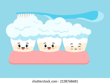 Tooth With Yellow Tartar Plaque Cleaning With Toothpaste And Toothbrush. Teeth In Gum Stain Treatment, Remove Calculus And Cleaning, Whitening Concept. Flat Cartoon Vector Illustration. Dental Hygiene