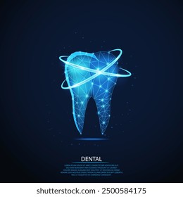 Tooth.Abstract wireframe low poly dental digital technology blue dark background.Futuristic Human Healthy teeth Dental care, dental clinic, dental Medical Concept.