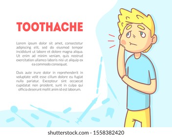 Toothache Banner Template with Space for Text and Cute Boy Suffering from Toothache Vector Illustration