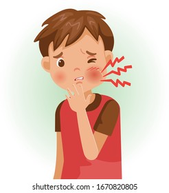 Toothache . The boy is sick, Sick person and feeling bad. Cartoons showing negative gestures and feelings. The child is a patient. Cartoon vector illustration.