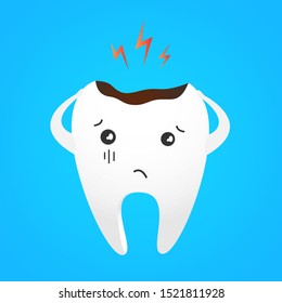 Toothache caries with pain and blue background, vector, illustration.