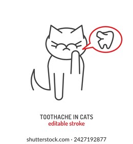 Dolor de muelas en gatos. Icono lineal, pictograma, símbolo. Dolor dental. Diente infectado. Enfermedad dolorosa. Concepto veterinario. Ilustración vectorial aislada editable en estilo de contorno sobre un fondo blanco