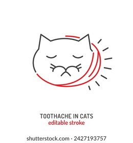 Toothache in cats. Linear icon, pictogram, symbol. Dental pain. Infected tooth. Painful disease. Veterinarian concept. Editable isolated vector illustration in outline style on a white background