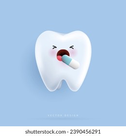 Toothache character with gum problem. realistic sad tooth with plaster isolated on blue background, toothache, take medicine. cute dentist mascot for medical apps, websites and hospital. vector.