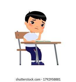 Toothache concept. Boy in school uniform holds a hand on a cheek.  Unhappy Asian schoolboy sitting at table. Sad elementary school student flat color vector illustration.