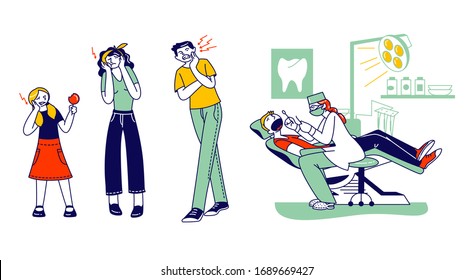 Toothache Concept. Male Female Characters Feeling Pain, Holding Cheek Suffer From Bad Tooth Ache With Painful Expression. Doctor Dentist Conduct Client Oral Check Up. Linear People Vector Illustration