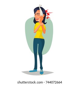 Toothache Concept Vector. Unhappy Woman With Ache. Pain In The Human Body. Flat Cartoon Illustration