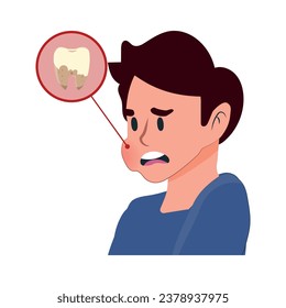 Toothache concept.Young male feeling pain, holding his cheek with hand, suffering from bad toothache. Man with painful expression.Caries. Severe tooth pain. Vector illustration