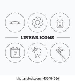 Toothache, dental braces and mouthwash icons. Toothbrush linear sign. Flat cogwheel and calendar symbols. Linear icons in circle buttons. Vector