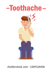 Toothache, Dental Problem Vector Poster Concept. Suffering Man Cartoon Character. Stomatology Patient Flat Illustration with Typography. Oral Hygiene, Sanitation, Orthodontic Treatment Banner