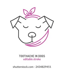 Toothache in dogs. Linear icon, pictogram, symbol. Dental pain. Infected tooth. Painful disease. Veterinarian concept. Editable isolated vector illustration in outline style on a white background