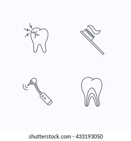Toothache, drilling tool and toothbrush icons. Dentinal tubules linear sign. Flat linear icons on white background. Vector
