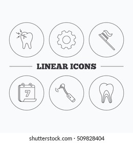 Toothache, drilling tool and toothbrush icons. Dentinal tubules linear sign. Flat cogwheel and calendar symbols. Linear icons in circle buttons. Vector