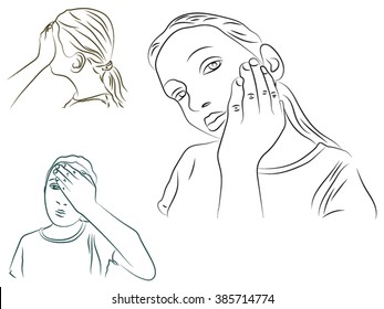 toothache, eye, woman raised her hand to face