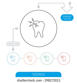 Toothache icon. Dental healthcare sign. Line circle buttons. Download arrow symbol. Vector