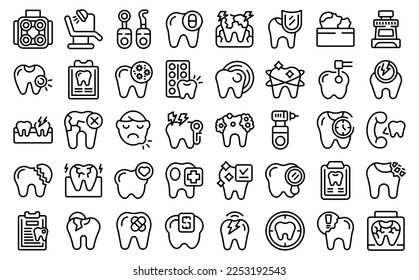 Iconos de dolor de dientes establecen el vector de contorno. Niño dental. Dolor maligno