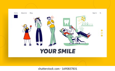 Toothache Landing Page Template. Characters Feel Pain Holding Cheek Suffer from Bad Tooth Ache with Painful Expression. Doctor Dentist Conduct Client Oral Check Up. Linear People Vector Illustration
