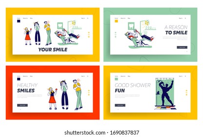 Conjunto de plantillas de la página de inicio de bidones. Doctor Dentist Comportamiento Oral de Cliente. Los personajes sienten dolor aguantando el dolor de mejilla Sufre de mal gusto con expresión dolorosa. Ilustración de vectores de personas lineales