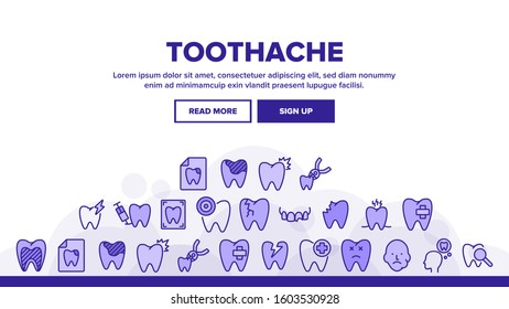 Toothache Landing Web Page Header Banner Template Vector. Dental Toothache And Caries, Enamel Damaged And Tooth Lost, Mouth Hygiene Illustration