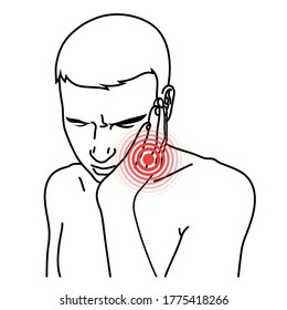 Toothache location red spot. Man suffers from tooth pain, holds hand near cheek. Dental infection, decay, injury, sinusitis, cavity, endodontitis. Stomatological outline vector isolated illustration.