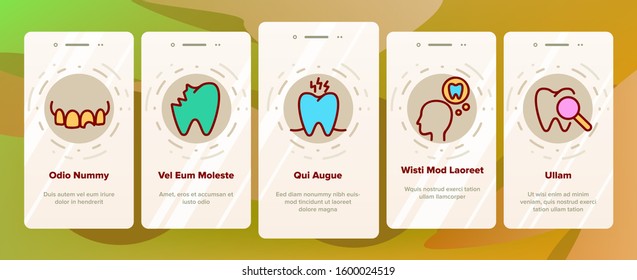 Toothache Onboarding Mobile App Page Screen Vector. Dental Toothache And Caries, Enamel Damaged And Tooth Lost, Mouth Hygiene Illustrations