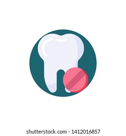 Toothache painkiller tablet flat icon. Round colorful button, Tooth and pill circular vector sign. Flat style design