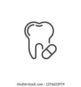 Toothache painkiller tablet line icon. Tooth and pill linear style sign for mobile concept and web design. Tooth care medicine outline vector icon. Symbol, logo illustration. Pixel perfect vector 