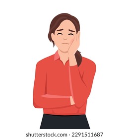 Toothache and problems with teeth concept. Young sad unhappy woman holding cheek due to toothache having expression of pain. Flat vector illustration isolated on white background