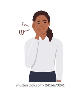 Dolor de dientes y problemas con el concepto de dientes. Joven triste y desdichada mujer con la mejilla por dolor de muelas que expresa dolor en las mejillas hinchadas. Ilustración vectorial plana aislada en fondo blanco