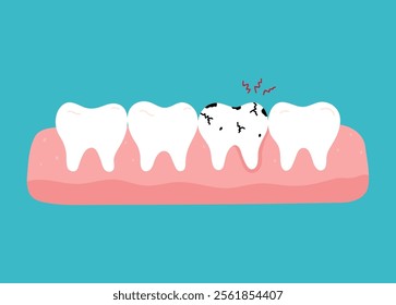Toothache. Row of healthy teeth and one diseased tooth with caries and cracks. Vector hand-drawn illustration in flat style. Dental care, oral hygiene concept.