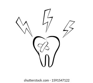 Toothache scribble drawing. Pain tooth with bandage. Toothache cartoon character design. Dental care concept, illustration isolated on white background