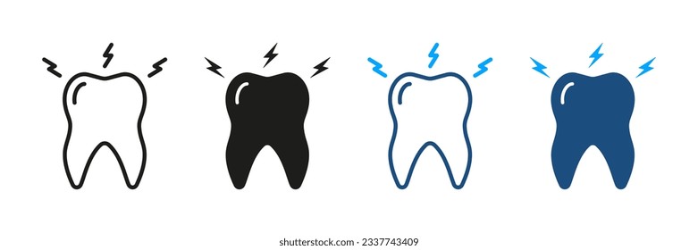 Toothache Silhouette and Line Icon Set. Dental Treatment Sign. Teeth Pain, Oral Problem Pictogram. Tooth Sensitivity, Ache, Painful Symbol Collection. Isolated Vector Illustration.