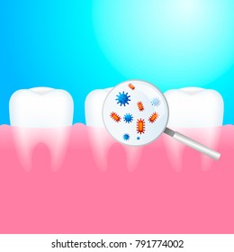 Toothache. A tooth with dental caries and pain. Protection against bacteria on the magnifying glass Vector realistic illustration