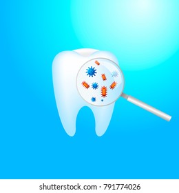 Toothache. A tooth with dental caries and pain. Protection against bacteria on the magnifying glass Vector realistic illustration