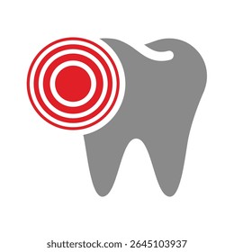 Dor de dente com dente e círculo vermelho. Cavidade, cárie dos dentes e dor ou ícone do vetor de dor.