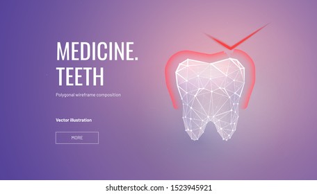 Plantilla de la página de inicio del modelo de alambres de bajo nivel de polietileno para el tratamiento del dolor de dientes. Ilustración poligonal de dientes 3d con marca de verificación roja brillante. Pancarta de arte de malla de prevención de caries. Diseño de página de inicio de odontología moderna