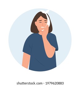 Toothache. Woman with toothache touching her cheek. Caries. Severe tooth pain. Girl with Toothache and  Bandage. Vector illustration in cartoon style isolated