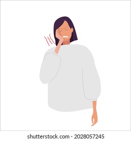 Toothache. Woman in white sweater presses her hand against her jaw. She's experiencing toothache. Girl suffers from toothache. Dental symptom. Flat vector illustration. Physical injury collection