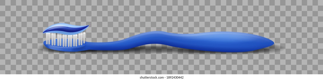 Toothbrush. 3D equipment for oral hygiene with fresh toothpaste, blue plastic stick with bristles. Realistic dentistry accessory hygiene for cleaning teeth with gel vector personal toiletries object