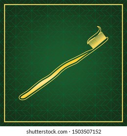 Toothbrush with applied toothpaste portion. Golden icon with gold contour at dark green gridded white background. Illustration.