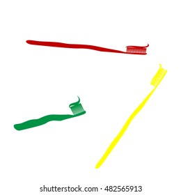 Toothbrush with applied toothpaste portion. Isometric style of red, green and yellow icon.