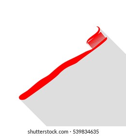 Toothbrush with applied toothpaste portion. Red icon with flat style shadow path.